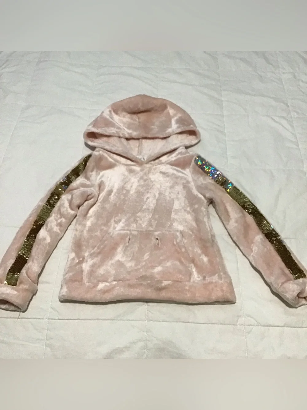 btween Plush Hooded Pullover in Blush Pink with Gold Sequin Sleeve Stripes 4T